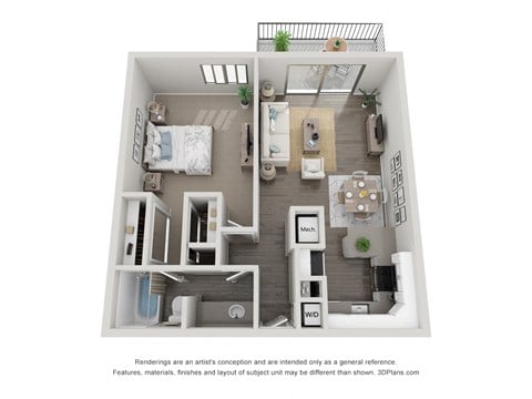 Floor plan for 1 bed, 1 bath, 669 sqft